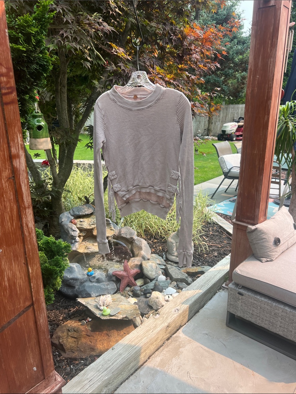 Waffle-Knit Long-Sleeve Top in Light Taupe